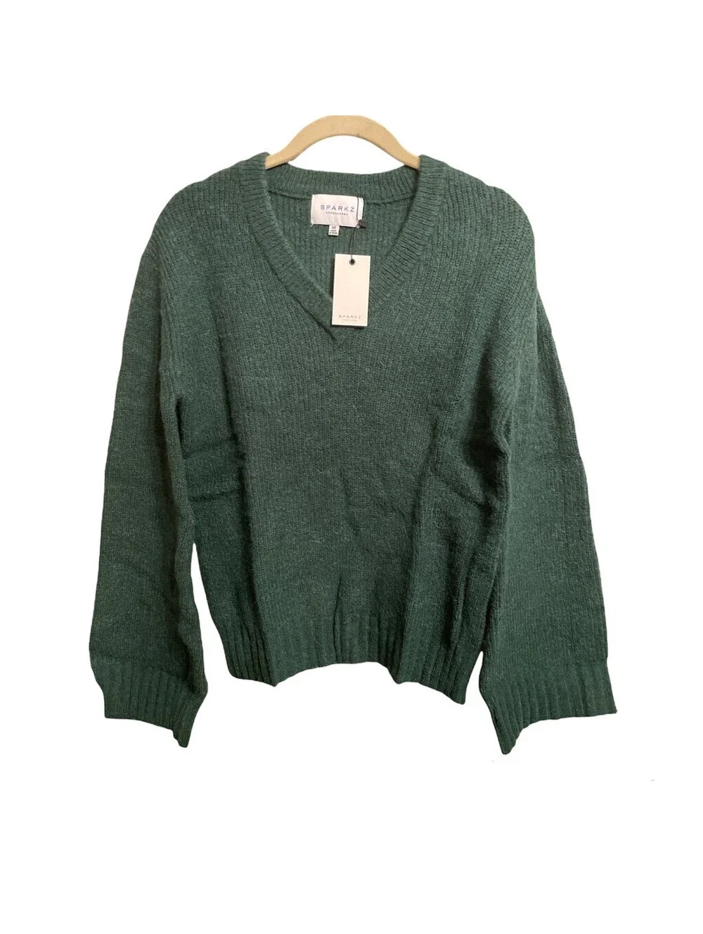 Sparkz Copenhagen Womens Amia Pullover Sweater Green V Neck Stretch Size M New